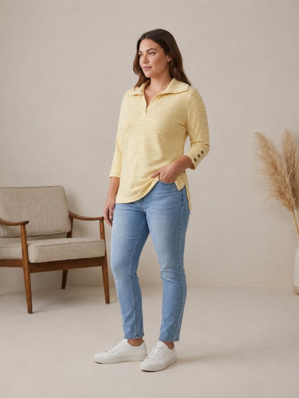 J Jill long sleeve yellow & white striped top, size XL